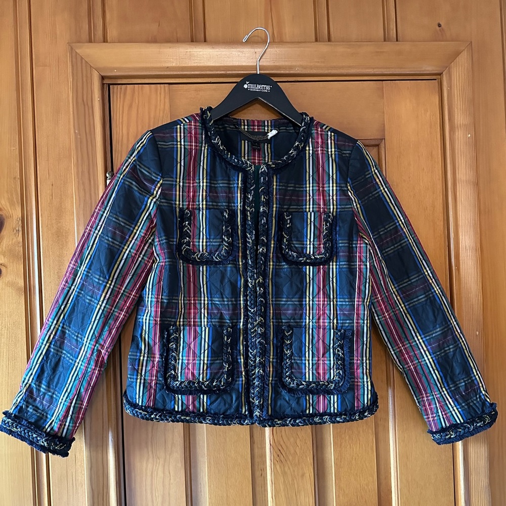 J Crew Stewart Tartan Plaid Lady Jacket Quilted Braided Trim Size 4 Like New